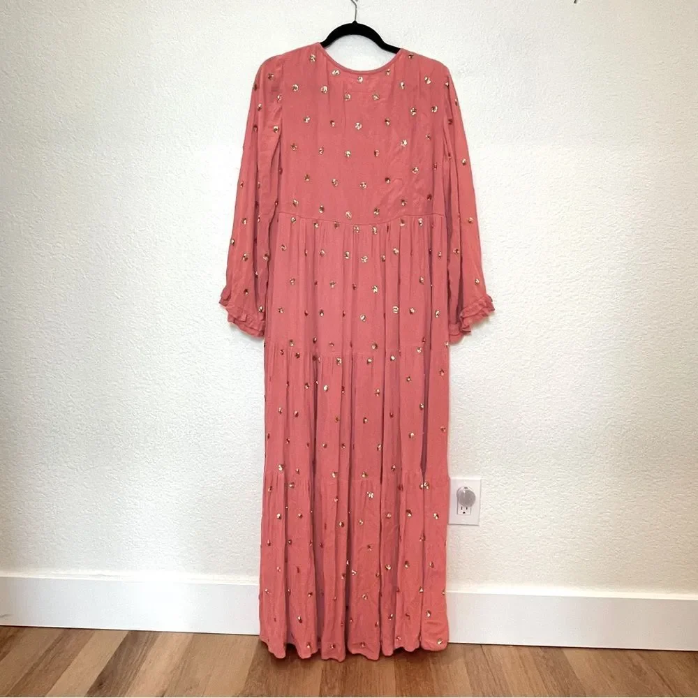 Sundress Neo Long Embellished Tiered Long Sleeve Maxi Dress in Coral size XS/S